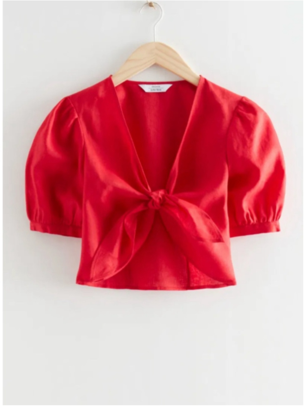 & Other Stories pure linen red cropped tie front knot puff sleeve top EU 38 - Picture 5 of 17